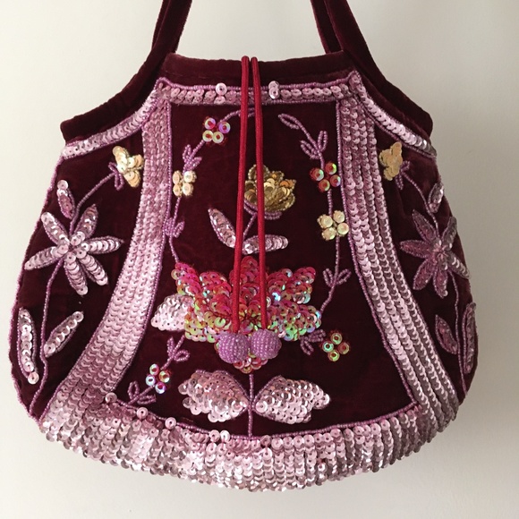 Gorgeous Vintage Burgundy Velvet + Sequin Evening Bag Lined in Burgundy Satin - Picture 2 of 5